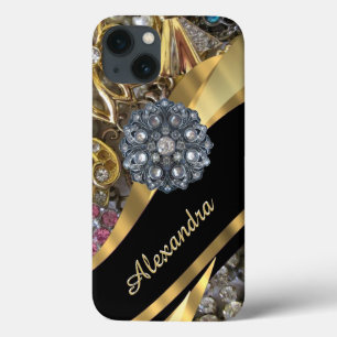 Personalised chic elegant gold rhinestone bling iPhone 13 case
