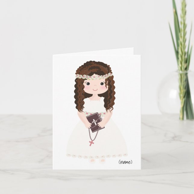 Personalised Chic First Communion-Brown Hair Girl Card (Front)