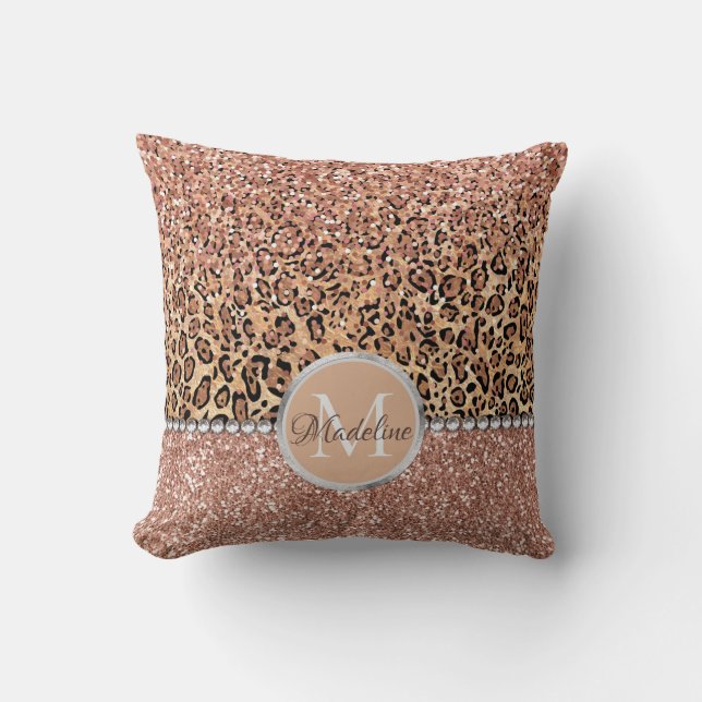 Personalised Chic Girly Rose Gold Glitter Leopard Cushion (Front)