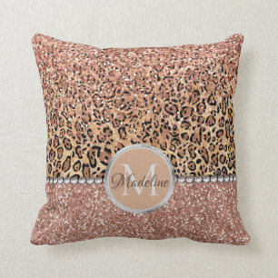 Personalised Chic Girly Rose Gold Glitter Leopard Cushion