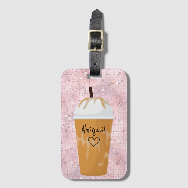 Personalised Chic Iced Coffee Bling Pink Luggage Tag (Front Vertical)