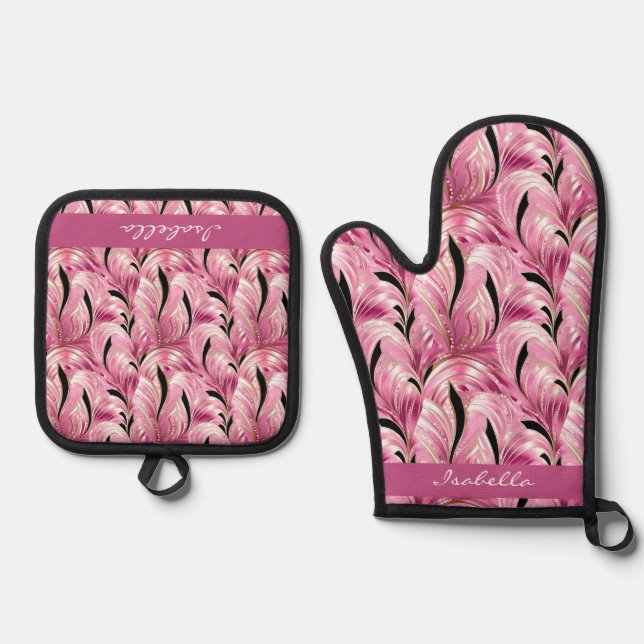 Personalised Chic Luxury Pink Glam Pattern  Oven Mitt & Pot Holder Set (Front)
