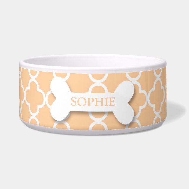 Personalised chic peach dog bone pet food bowl (Front)