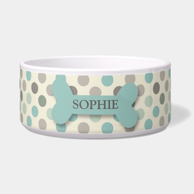 Personalised chic polka dot dog bone pet food bowl (Front)