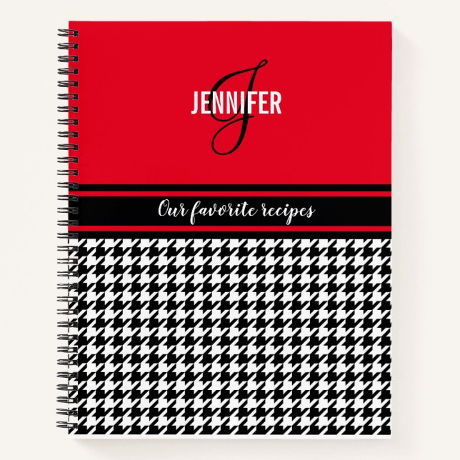 Personalised chic red houndstooth recipe notebook (Front)