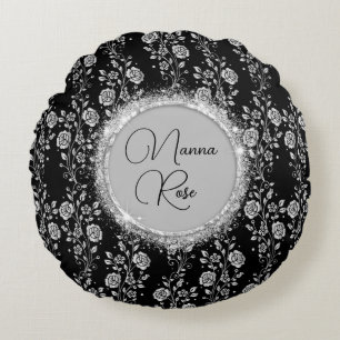 Personalised  Chic Silver Floral Glitter on Black Round Cushion