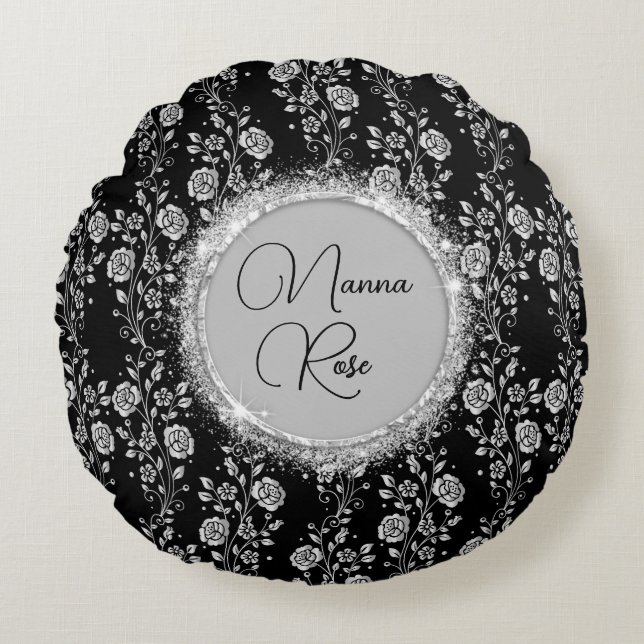 Personalised  Chic Silver Floral Glitter on Black Round Cushion (Front)