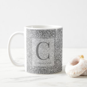 Personalised Chic Silver Glitter Bling Monogram Coffee Mug