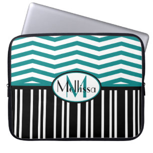 Personalised Chic teal and black  chevron stripes Laptop Sleeve