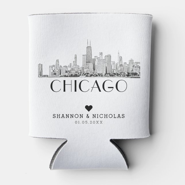 Personalised Chicago Skyline Wedding Can Cooler (Front)