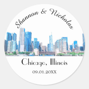 Personalised Chicago Skyline Wedding Classic Round Sticker