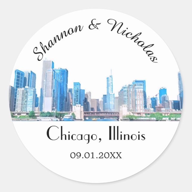 Personalised Chicago Skyline Wedding Classic Round Sticker (Front)