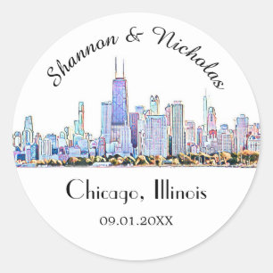 Personalised Chicago Skyline Wedding Classic Round Sticker