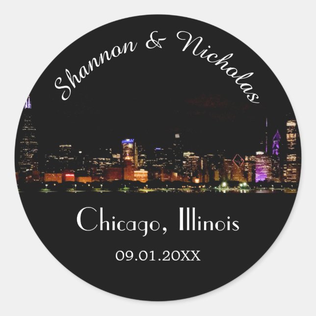 Personalised Chicago Skyline Wedding Classic Round Sticker (Front)
