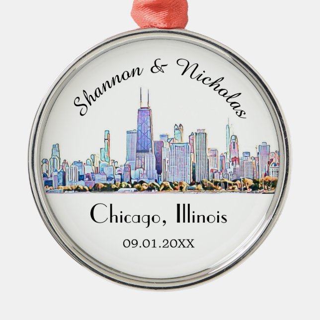 Personalised Chicago Skyline Wedding Metal Tree Decoration (Front)