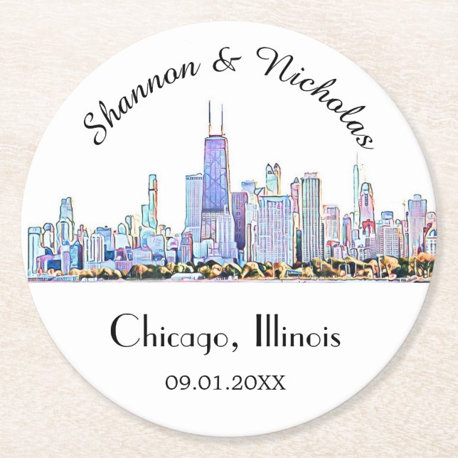 Personalised Chicago Skyline Wedding Round Paper Coaster (Front)
