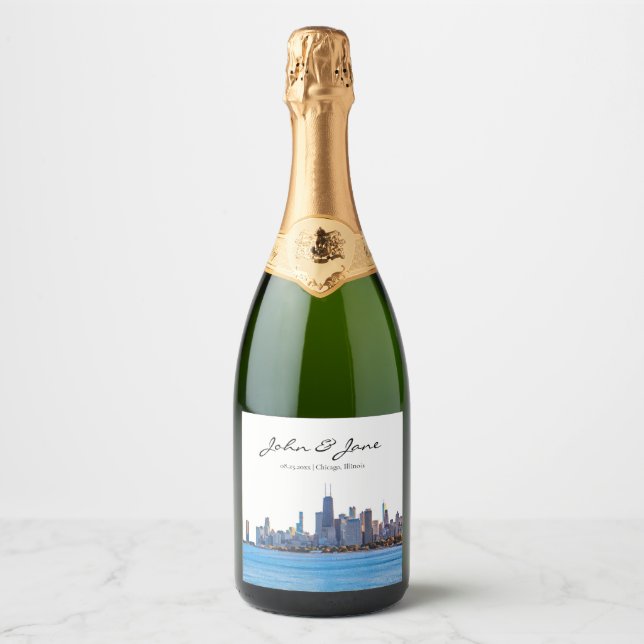 Personalised Chicago Skyline Wedding Sparkling Wine Label (Front)