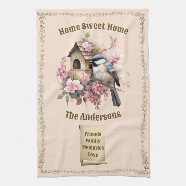 Personalised Chickadee Home Sweet Home  Tea Towel (Vertical)