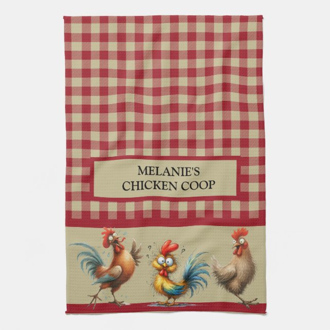 Personalised CHICKEN COOP - Red Tan Buffalo Plaid Tea Towel (Vertical)