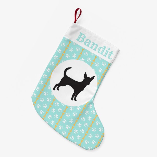 Personalised Chihuahua Aqua Paw And Bone Pattern Small Christmas Stocking (Front (Hanging))