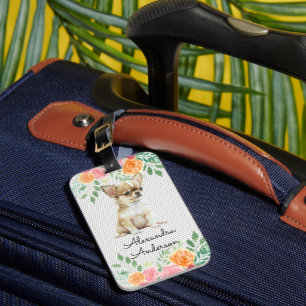 Personalised Chihuahua Puppy Watercolor Floral Luggage Tag