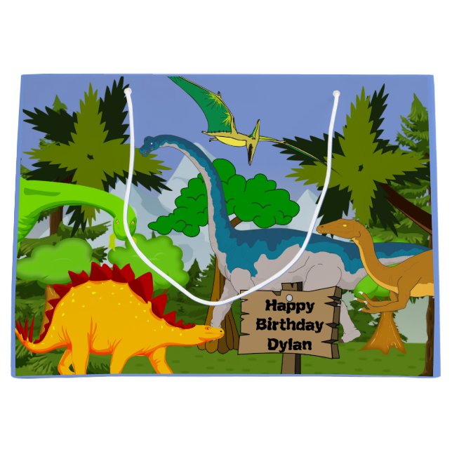 Personalised Child Dinosaur Birthday Large Gift Bag (Front)