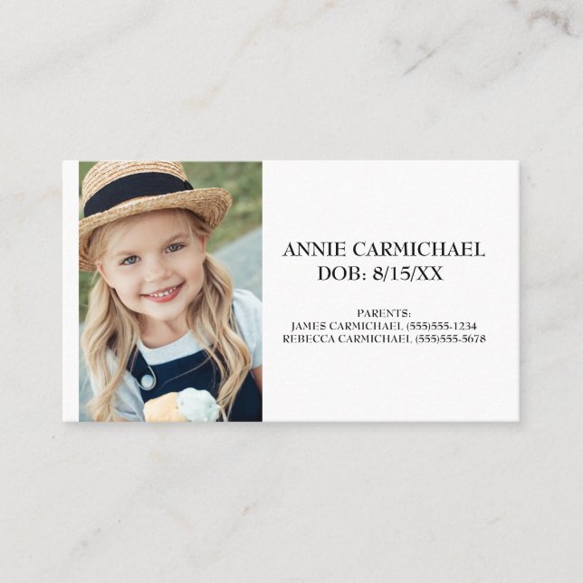 Personalised Child Food Allergy Alert Business Card (Front)
