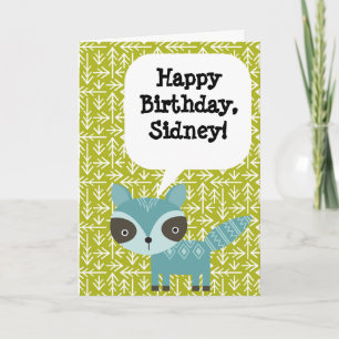 Personalised Children's Birthday Card Blue Racoon