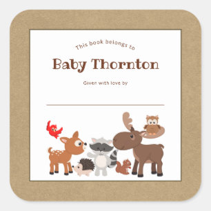 Personalised child's bookplate, woodland animals square sticker