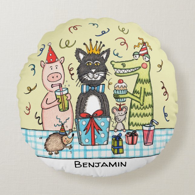 Personalised Child's Party Animals Round Cushion (Front)