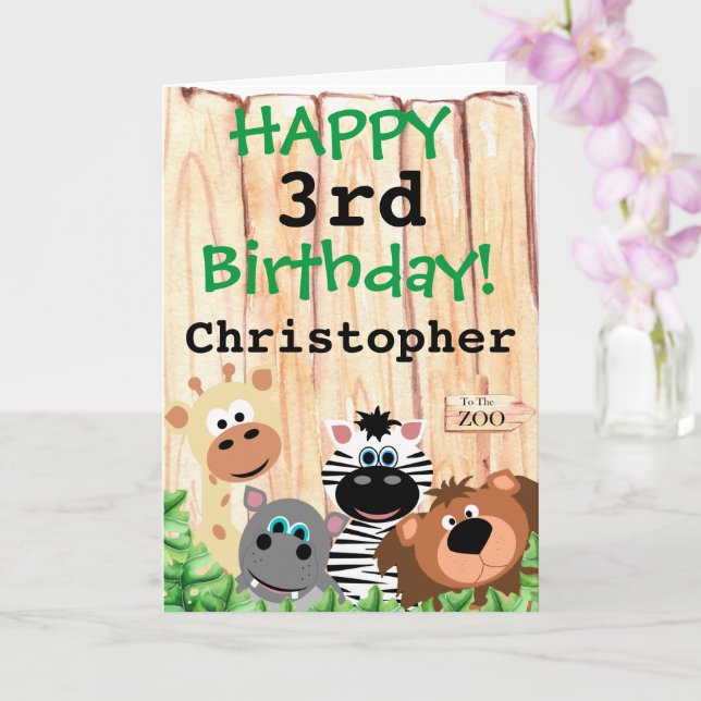 Personalised Childs Zoo Jungle Themed Birthday Card (Orchid)