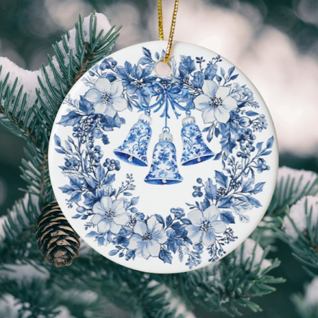 Personalised Chinoiserie Blue White Wreath Bells Ceramic Tree Decoration (Personalize the back!)