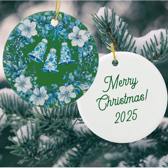 Personalised Chinoiserie Blue White Wreath Bells Ceramic Tree Decoration (Personalize the back!)
