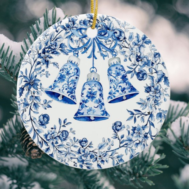 Personalised Chinoiserie Blue White Wreath Bells Ceramic Tree Decoration (Personalize on the back!)
