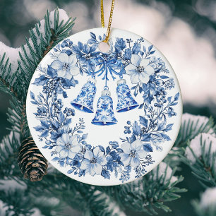 Personalised Chinoiserie Blue White Wreath Bells Ceramic Tree Decoration
