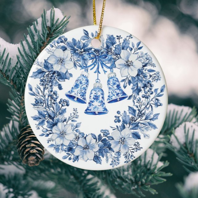 Personalised Chinoiserie Blue White Wreath Bells Ceramic Tree Decoration (Personalize the back!)