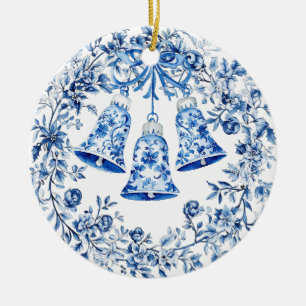 Personalised Chinoiserie Blue White Wreath Bells Ceramic Tree Decoration
