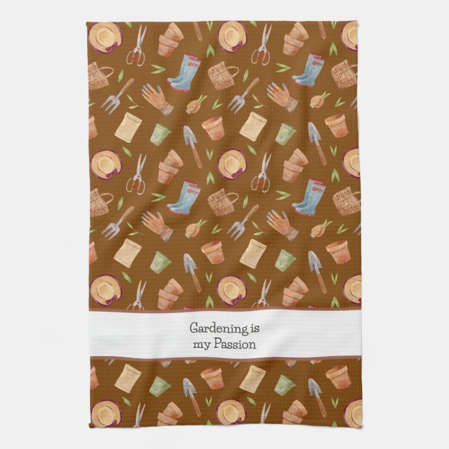 Personalised Chocolate Brown Garden Tools Pattern Tea Towel (Vertical)
