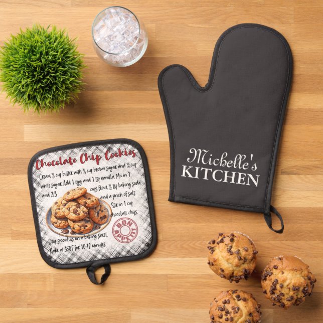 Personalised Chocolate Chip Cookies Baking Recipe Oven Mitt & Pot Holder Set (Top Down)