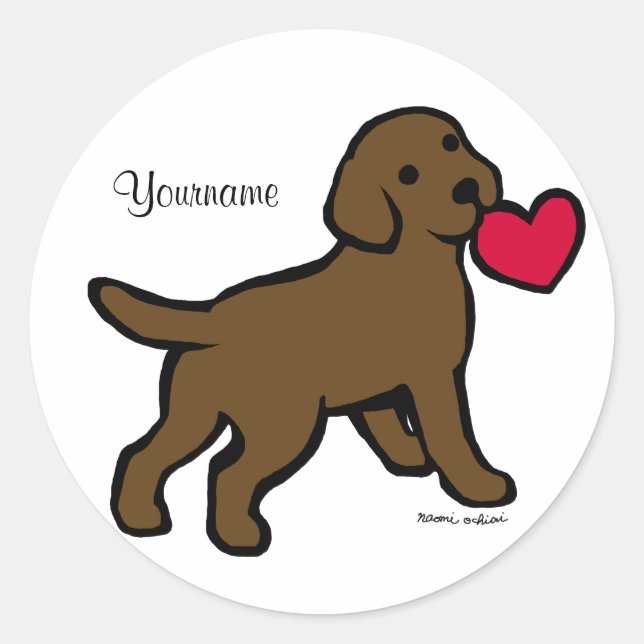 Personalised Chocolate Lab Puppy and Red Heart Classic Round Sticker (Front)