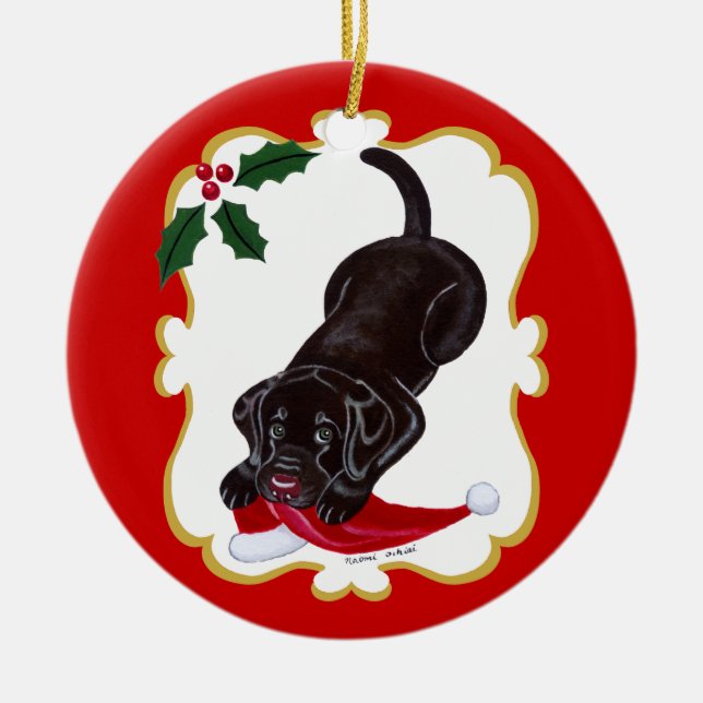 Personalised Chocolate Lab Puppy with Santa Hat Ceramic Tree Decoration (Front)
