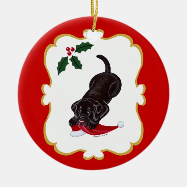 Personalised Chocolate Lab Puppy with Santa Hat Ceramic Tree Decoration (Front)