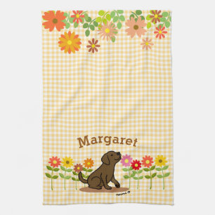 Personalised Chocolate Labrador and Many Flowers Tea Towel