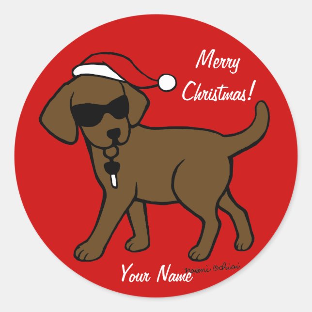 Personalised Chocolate Labrador Cartoon Christmas Classic Round Sticker (Front)