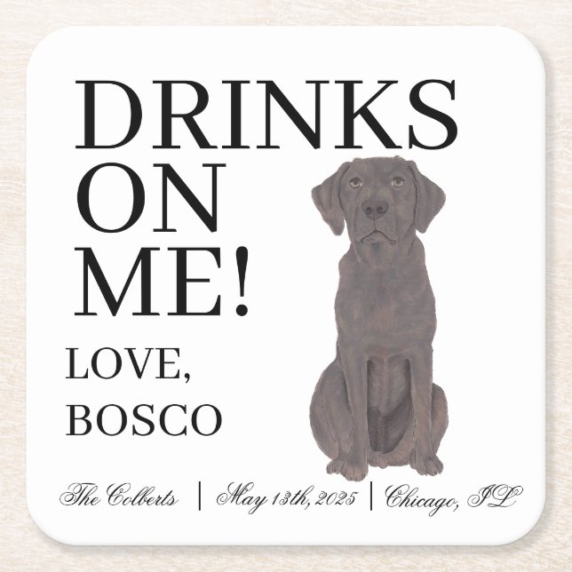 Personalised Chocolate Labrador Dog Wedding Square Paper Coaster (Front)