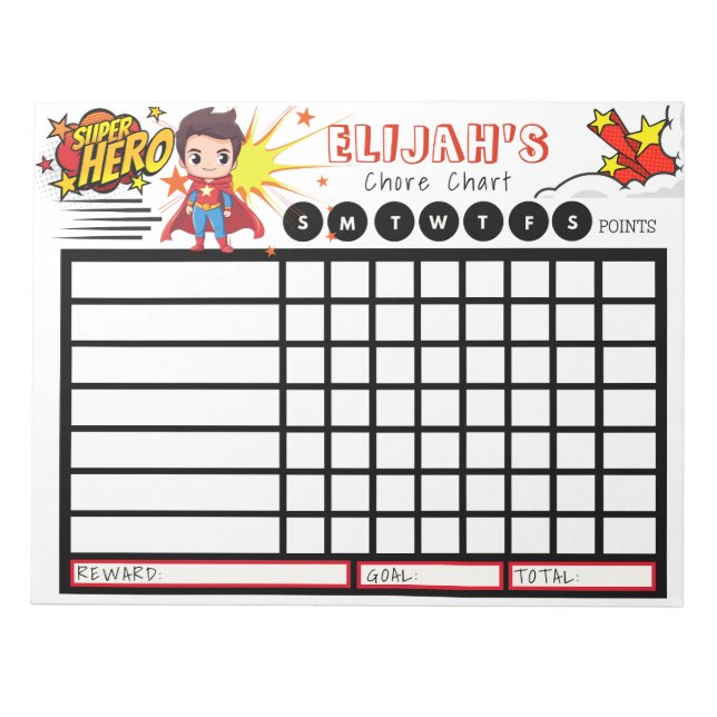 Personalised Chore Chart, Superhero Notepad (Front)