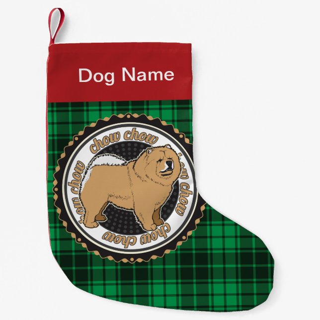 Personalised Chow Chow Dog Breed Green Plaid Small Christmas Stocking (Front)