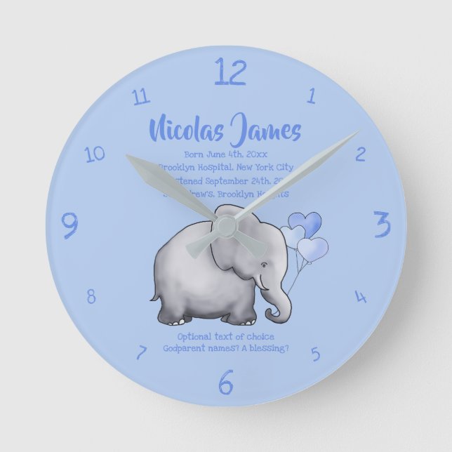 Personalised Christening Date Baby Blue Elephant Round Clock (Front)