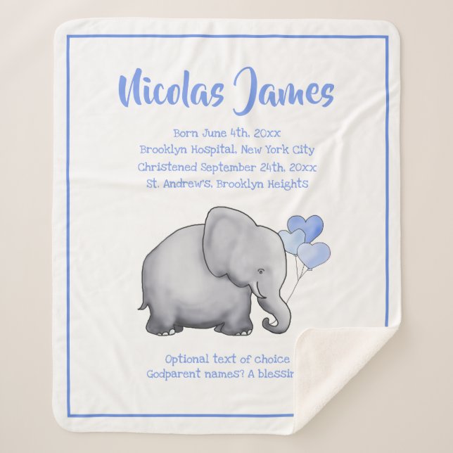 Personalised Christening Date Baby Blue Elephant Sherpa Blanket (Front)