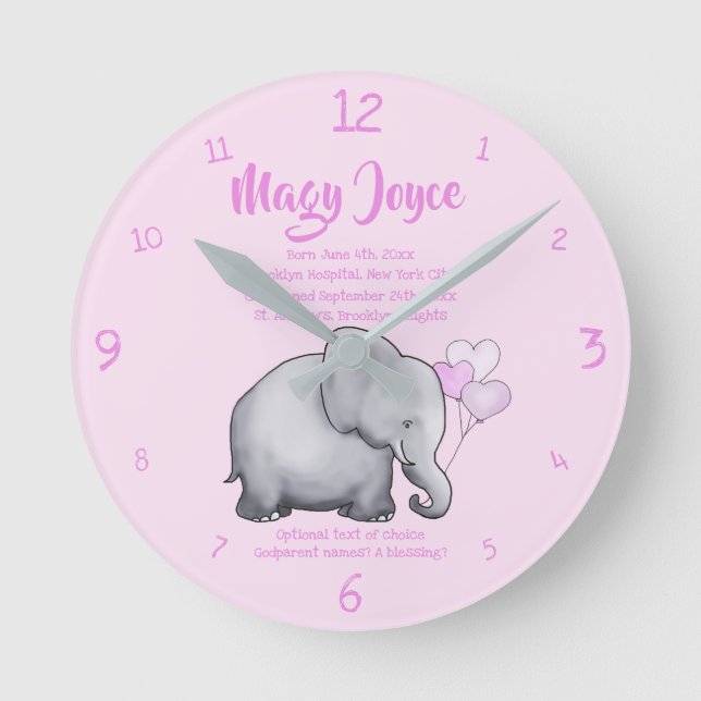 Personalised Christening Date Baby Pink Elephant Round Clock (Front)